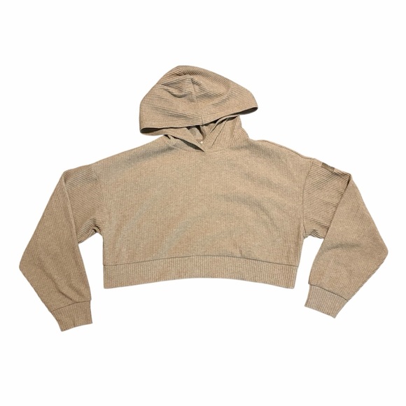 Alo Muse Ribbed Cropped Hoodie Gravel Tan Medium - Picture 2 of 4